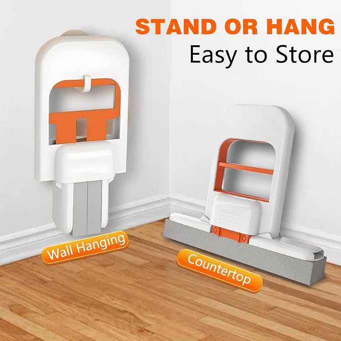 Self Squeezing Mini Mop, Wet and Dry Use Cleaning System, Orange Small Sponge Mop,Foldable Desktop Mop, One-Hand Squeeze Handle and Replaceable Head (2Pcs)