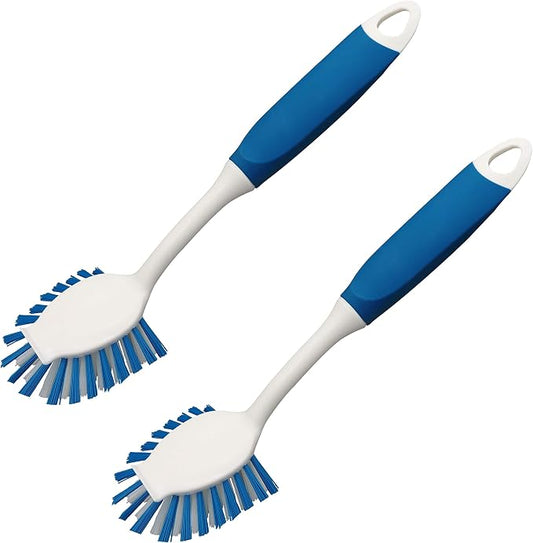 2-Pack Dish Brushes with Scraper, Durable Nylon Bristles Kitchen Scrub Brush, Dish Scrubber with Handle for Pans, Sink, Bathroom