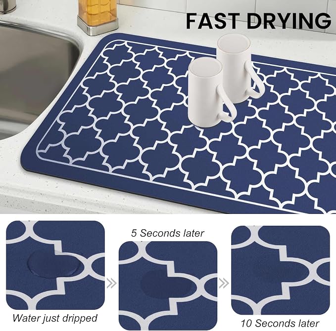 WISELIFE Dish Drying Mat Super Absorbent Drying Mat Large Dish Drying Mats for Kitchen Counter Easy Clean Dish Mat Kitchen Drying Mat18"x 28" Stylish Blue