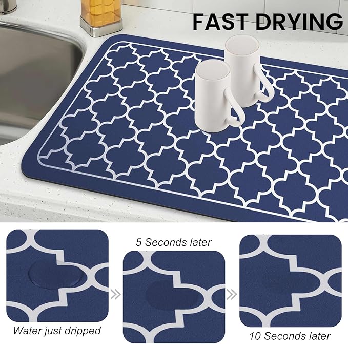 WISELIFE Dish Drying Mat Super Absorbent Drying Mat Large Dish Drying Mats for Kitchen Counter Easy Clean Dish Mat Kitchen Drying Mat18"x 32" Stylish Blue