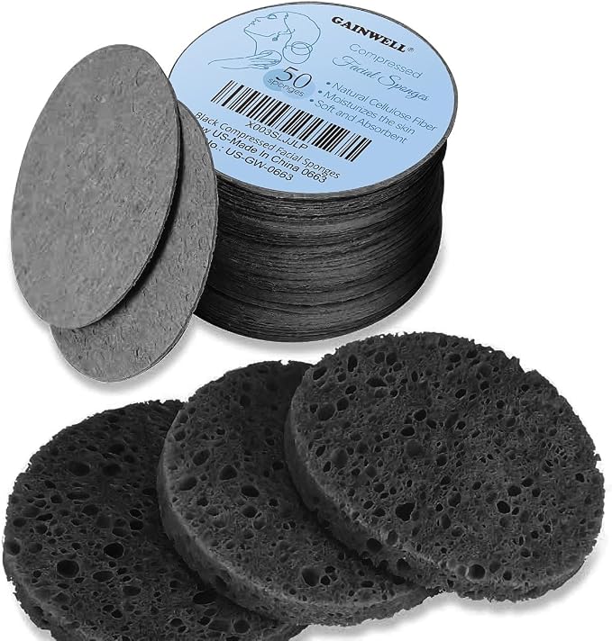GAINWELL 50-Count Black Compressed Facial Sponges for Daily Facial Cleansing and Exfoliating, 100％ Natural Cosmetic Spa Sponges for Makeup Remover, Reusable