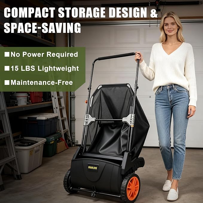21 Inch Lawn Sweeper, Push Leaf & Grass Collector, PP Brushes | Reinforced frame design with 10.5" PP brushes, large hand-woven nonwoven bag, adjustable height for easy yard cleanup