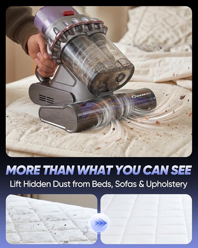 SAKERNEO Bed Vacuum Cleaner with Digital Display & 5-Cyclone Filtration | 14kPa Strong Suction, HEPA Filter, Handheld for Mattress, Carpet, Sofa & Pet Hair Removal