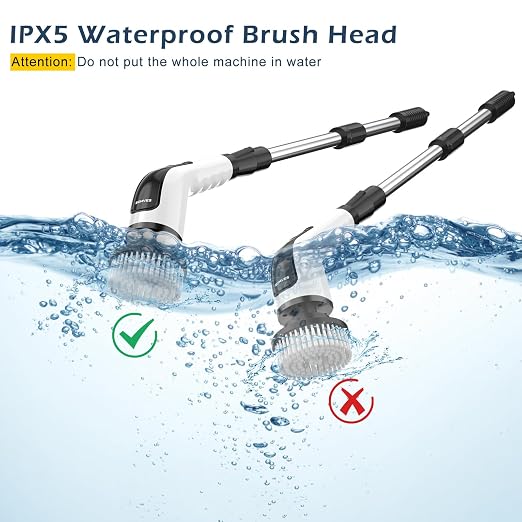 Electric Spin Scrubber, Power Shower Cleaning Brush with Long Handle | Cordless Cleaning Scrubber, 7 Replaceable Brush Heads, 90Mins Work Time, 3 Adjustable Size, 2 Speeds for Bathroom Cleaner