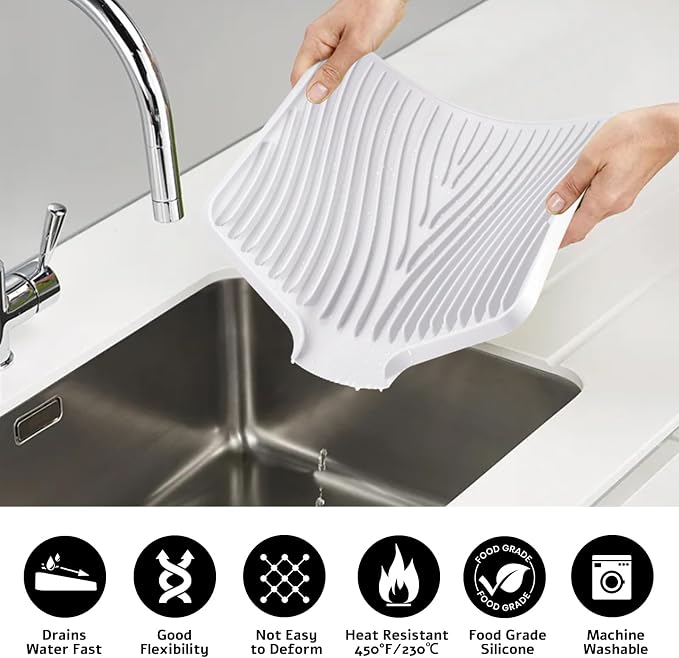 TIKNIK Silicone Dish Drying Mat for Kitchen Counter - Heat Resistant & Non-Slip Dish Drain Pad with Built-In Drain, Dishwasher Safe, Quick-Dry, Hangable & Roll-Up for Storage, White-2pcs, 16" x 12"
