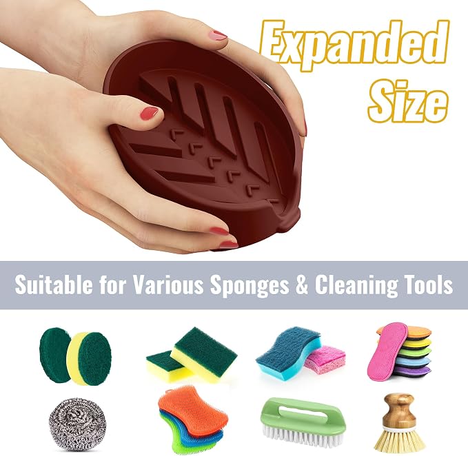 NiHome Silicone Sponge Holder for Kitchen Sink, Fits Scrub Daddy Mommy | Self-Draining Dispenser Organizer Tray, Sink Caddy Countertop Fits Soaps, Scrubber, Dishwasher Safe, Includes Brush, Dark Red