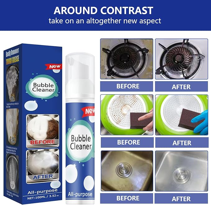 Rednow (100ML*3PCS) Bubble Cleaner Foam,Foaming Heavy Oil Stain Cleaner,All-Purpose Rinse-free Cleaner Spray,Kitchen Deep Cleaning Spray,Powerful Stain,Stubborn Grease & Grime Remover Bubble Spray
