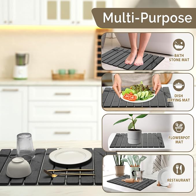 Stone Dish Drying Mat, Large Foldable Stone Drying Mat for Kitchen Counter & Bathroom, Quick Dry Organizer Pad Suitable for Plate Rack Utensils, Apartment Home Essentials Decor (Dark Gray 24"×16")