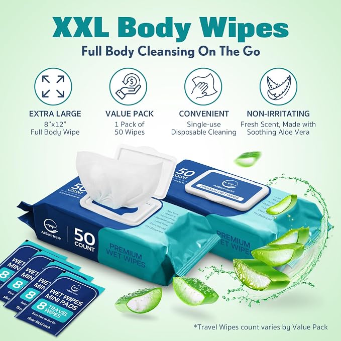 Body Wipes for Adults Bathing No Rinse - Adult Wipes for Elderly 8"x 12"(400 count) Shower for Adults No Rinse, Incontinence Disposable Washcloths, Aloe Vera, Vitamin E