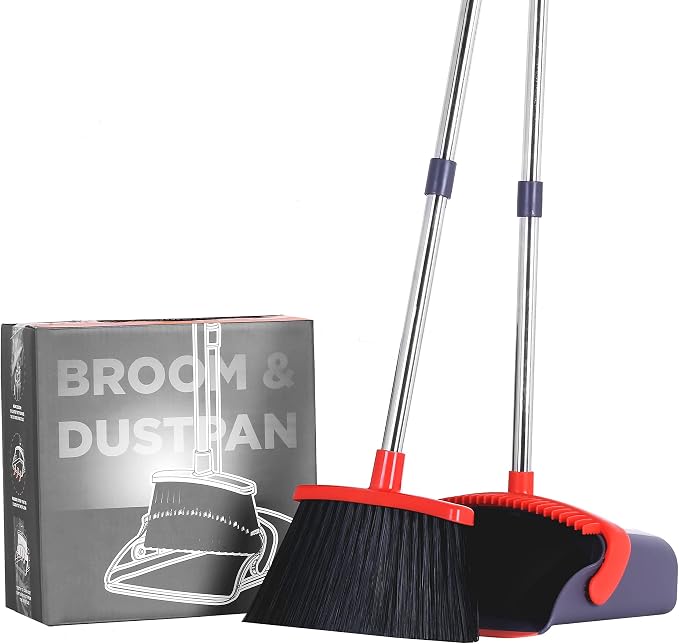 Broom and Dustpan Set 52-in Long Adjustable Handle Broom Dustpan Combo | Upright Dustpan with Teeth to Automatically Clean Hair, Suitable for Home Kitchen Office Hall Floor Lobby(Purple&Red)