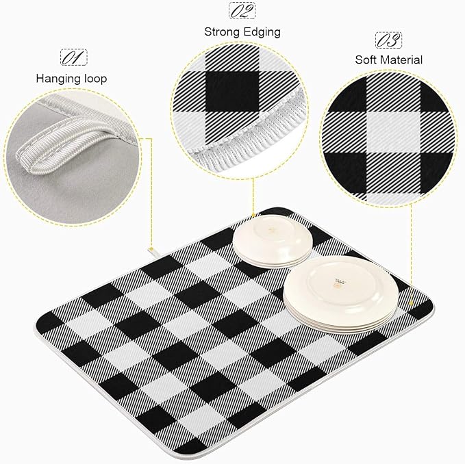 White and Black Buffalo Plaid Dish Drying Mat 18x24 for Kitchen Classic Buffalo Check Dishes Pad Dish Drainer Rack Mats Absorbent Fast Dry Kitchen Accessories