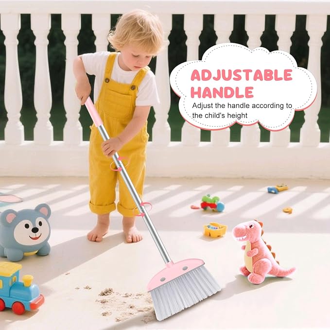 Mini Broom with Dustpan for Kids, 28-in Handle Kids Broom and Dustpan Set for Toddlers Cat-Shaped Children Cleaning Set Boys Girls Small Housekeeping Helper Set, Pink