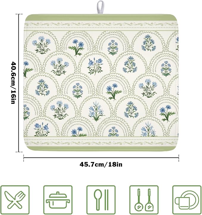 Blue Floral Print Green Stripe Dish Drying Mat 16 x 18 Inch | Rustic，Polyester，Absorbent Microfiber，for Kitchen Coffee Dining Bar Decor