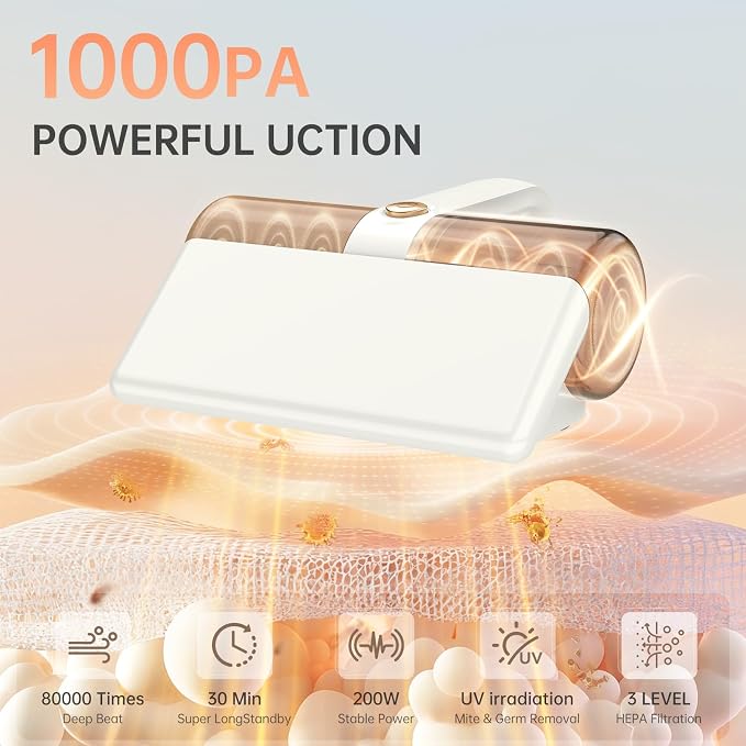 Lightweight Cordless Mattress Vacuum – 10Kpa Suction, 180° Flex Nozzle for Bed Sofa Car Seat Crevices, 30-Min Runtime, Magnetic Dustbin, HEPA Filter