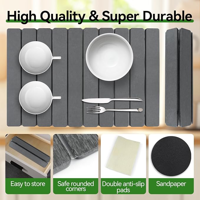 Large Stone Drying Mat for Kitchen Counter, 24"x16" Collapsible Diatomaceous Earth Drying Mat, Instant Absorbent Dish Drying Pad, Stone Drying Rack Space Saver Drying Board for Kitchen Sink, Gray