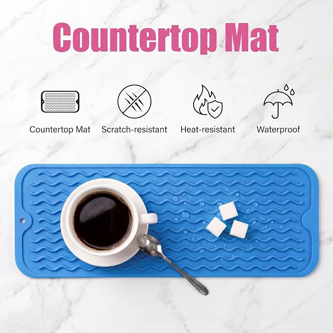 MicoYang Silicone Dish Drying Mat for Multiple Usage,Easy clean,Eco-friendly,Heat-resistant Silicone Mat for Kitchen Counter,Sink,Bar,Bottle,or Cup Lichen Blue M 17 inches x 6 inches