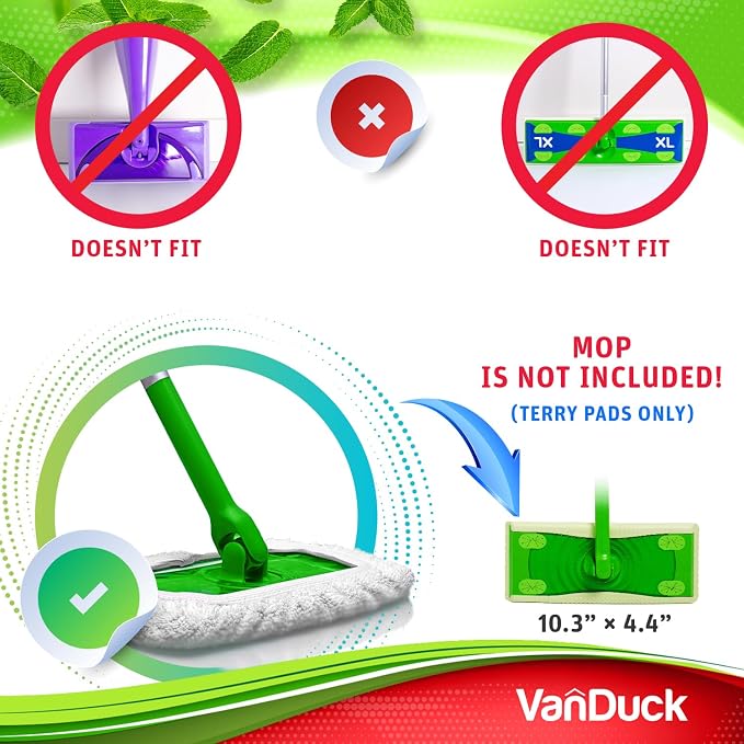 VanDuck Reusable 100% Cotton Mop Pads for Swiffer Sweeper (2-Pack) | Mop not included, reusable terry cloth mop covers, cotton replacement refills, machine washable wet mopping pads