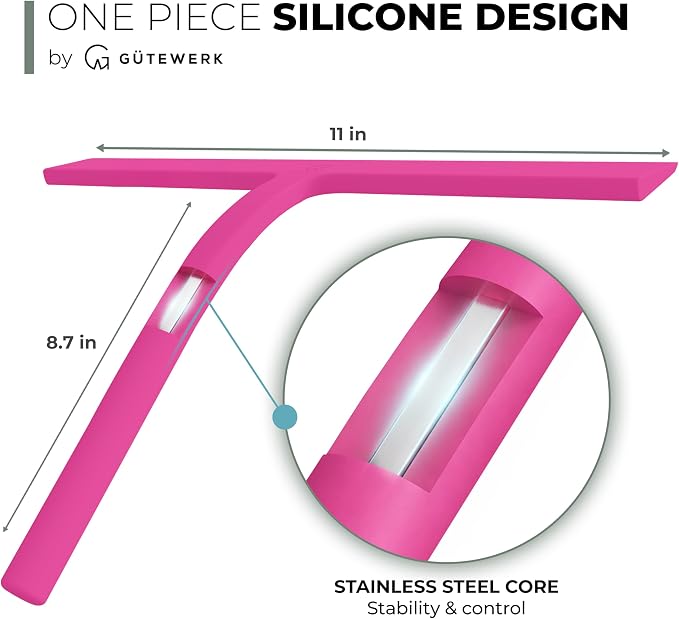 GÜTEWERK Silicone Shower Squeegee for Glass Doors & Mirrors with Stainless Steel Core, Streak-Free & No-Squeak Window Cleaning, 3-in-1 No-Drill Mount (Hook/Suction/Adhesive),Pink, 11 Inches