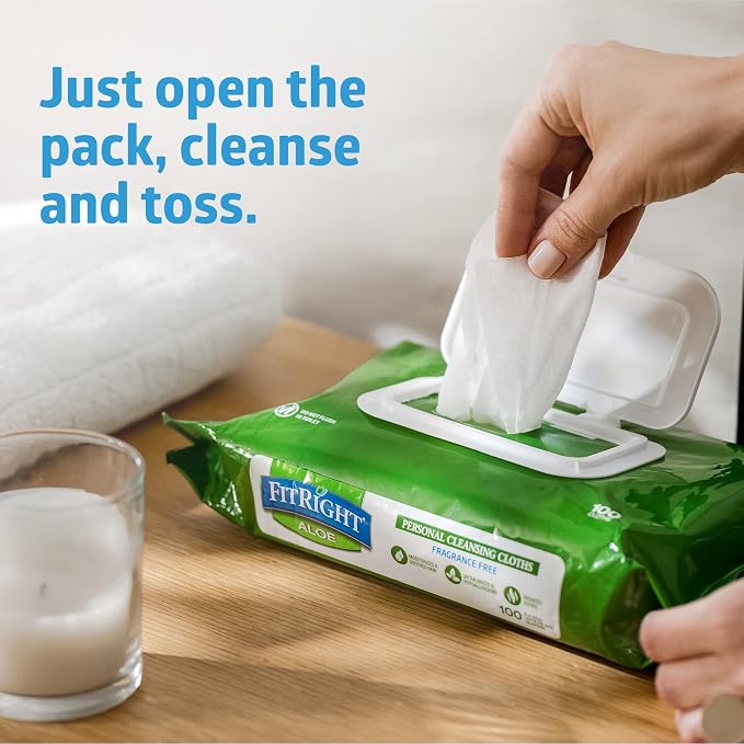 FitRight Personal Cleansing Wipes with Aloe 8x10 Unscented 600 Count | Moisturizing Body Wipes for Adults, Incontinence Cleaning, Cloth Wipes for Elderly Care & Bathing