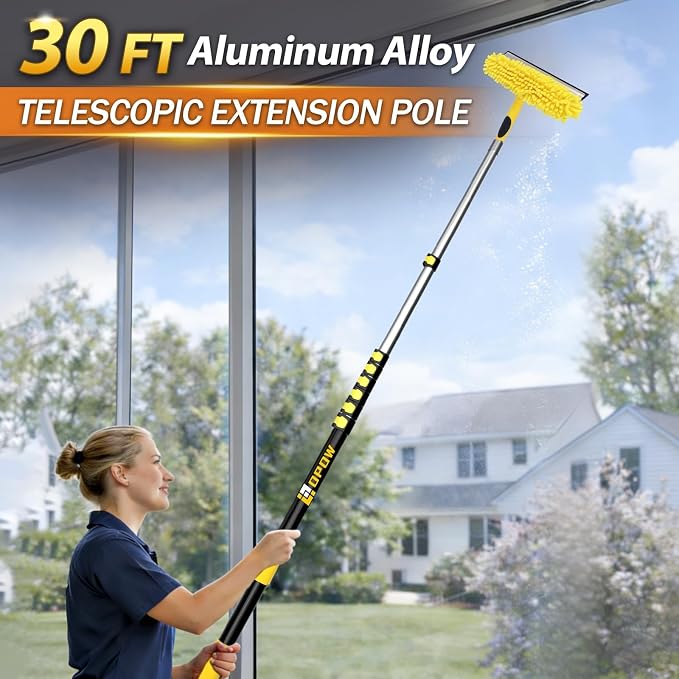 36 Feet High Reach Squeegee Window Cleaner Kit with 5-30Ft Extension Pole | 2 in 1 Window Cleaning Tool w/ 8-Stage Telescopic Pole &Rotatable Head,Window Washing Equipment for Solar Panel,RV,Car Glass