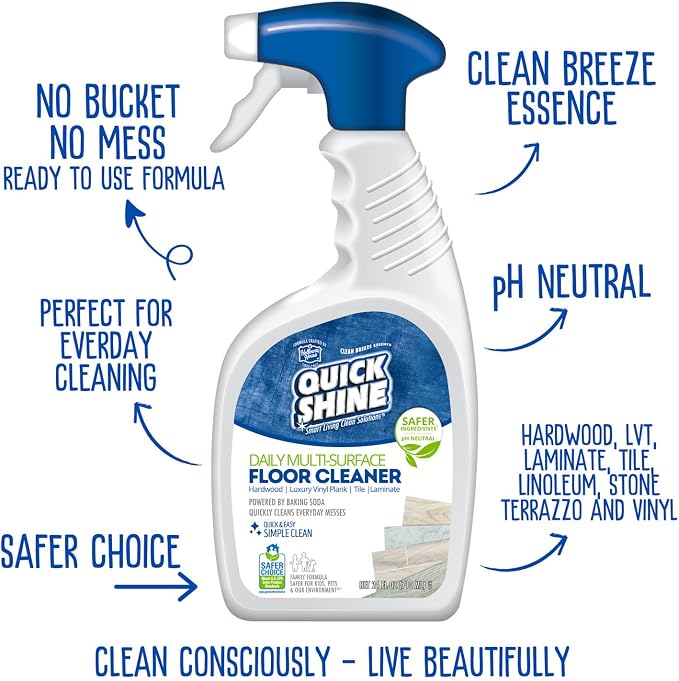 Quick Shine Multi-Surface Floor Cleaner 24 oz, Streak-Free, No Residue | Powered by Baking Soda, Clean Breeze Essence, pH Neutral, No Rinse, PFAS & Ammonia Free, EPA Safer Choice Made in USA