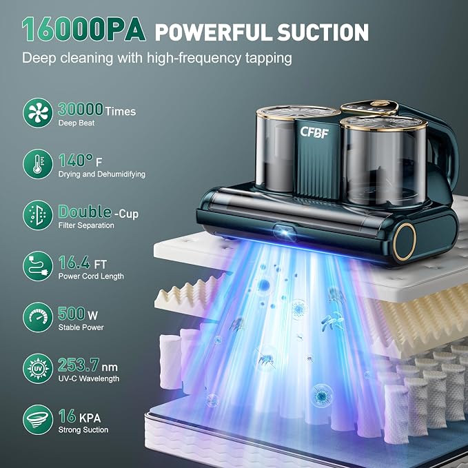 CFBF Mattress Bed Vacuum Cleaner with 16Kpa Suction & 253.7nm UV-C Light | Ultrasonic & High Heating, 500W Powerful Double-Cup Handheld Vacuums for Bed, Sofa, Couch, Crib, 16.4FT Corded