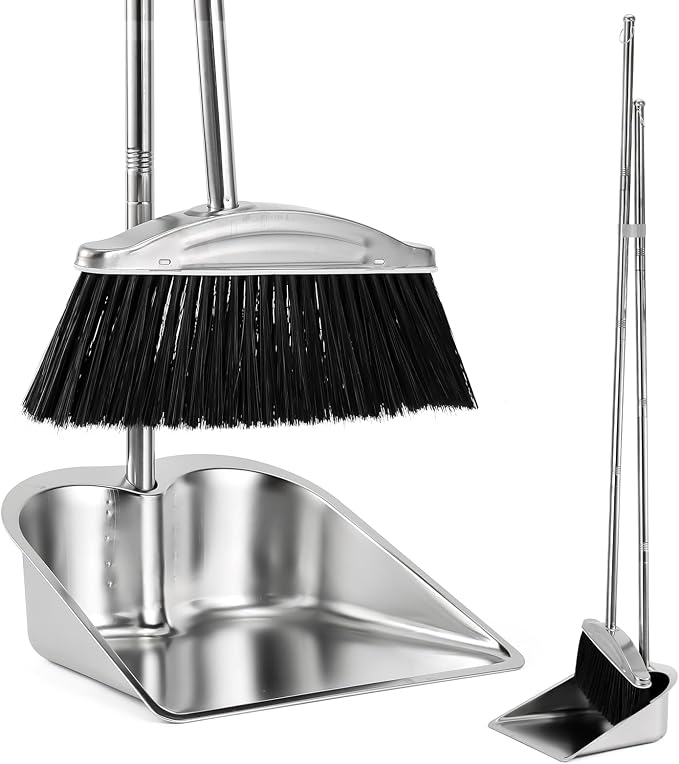 VOOWO Broom with Dustpan Combo Set, 46" Stainless Steel Broom and Dustpan Set for Home, Heavy Duty Dust Pan with Long Handle, Broom for Sweeping Indoor and Outdoor, Kitchen Broom and Dust Pan (Black)
