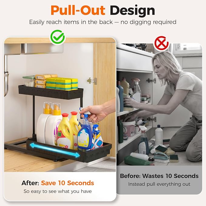 Sevenblue 3 Pack Multi-Purpose Pull-Out Storage Organizers, 2-Tier L-Shaped Under Sink/Cabinet Organizers and Storage for Bathroom & Kitchen, (Black, 12.85 Inches)