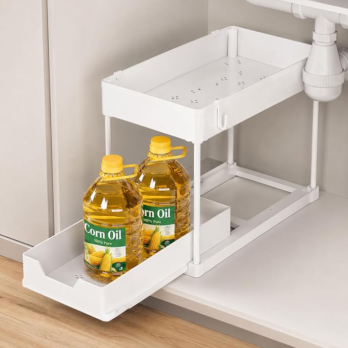 Under Sink Organizer, 2 Tier Pull-Out Storage Organizer with Sliding Drawer & Hooks, Multi-Purpose Cabinet Organizer for Kitchen, Bathroom, Pantry, Laundry Room & Office, White