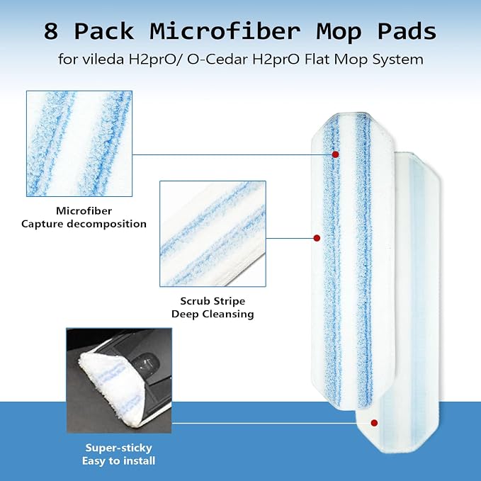 8 Flat Mop Replacement Pads for O Cedar Flat Mop System | for O Cedar Flat Mop Replacement pads,Machine Washable, Powerful Stain Removal, for Hardwood, Tile, Marble, laminate floors.