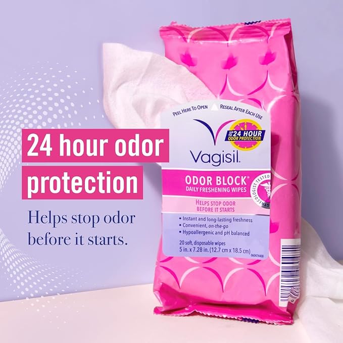 Vagisil Odor Block Daily Freshening Wipes for Feminine Hygiene in Resealable Pouch, Gynecologist Tested & Hypoallergenic, 20 Wipes (Pack of 24)