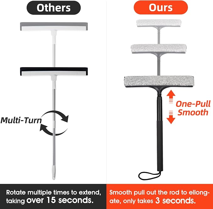 16-59" Telescopic 2-in-1 Window & Shower Squeegee for Glass Doors | 30% thicker silicone blade, microfiber pad, ideal for car windshields, bathroom tiles, RVs, safe high reach without ladders