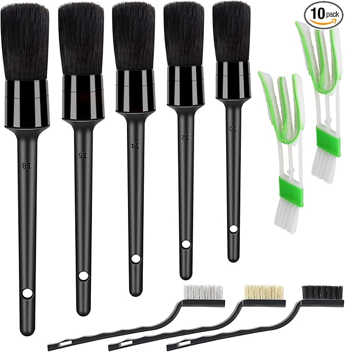 HMPLL 10pcs Detailing Brush Set, Multi-Purpose Car Detailing Brushes | for Cleaning Car Interior, Exterior, Engine, Leather, Including 5 car Cleaning Brush, 3 Wire Brush, 2 Air Vent Brush,Black