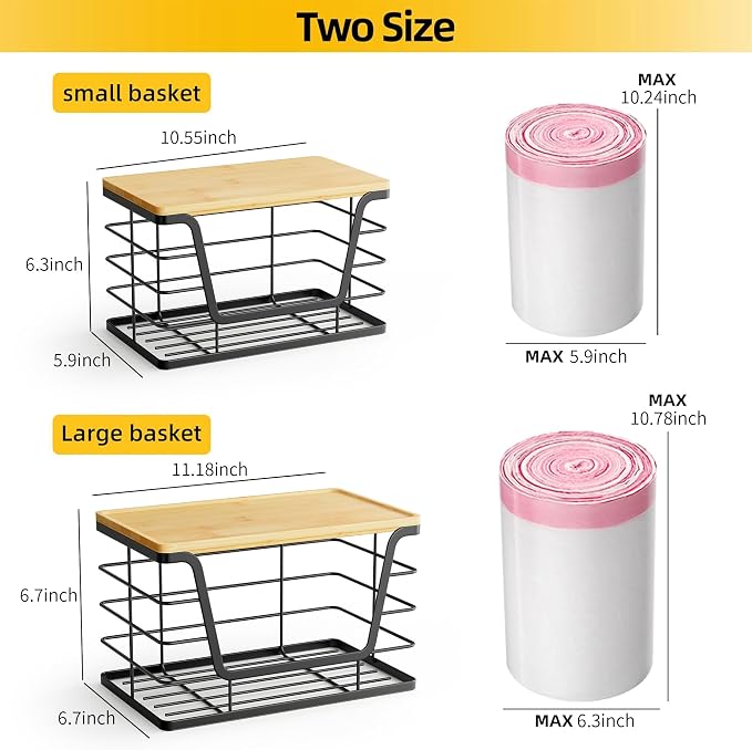 ALOCEO 2 Pack Stackable Wire Storage Basket with Bamboo Lid, Stainless Steel Extra Large Trash Bag Dispenser Roll Holder for Kitchen Sink, Kitchen Storage Bins for Potato and Onion, Black