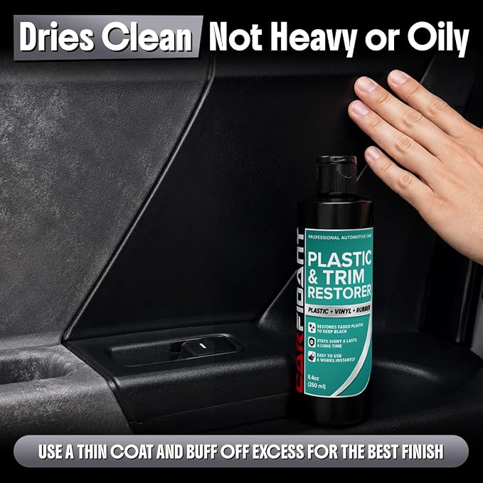 Carfidant Plastic Restorer for Cars – Refreshes Faded Plastic, Vinyl & Rubber Trim with Polish for Deep Shine – Protects Against UV & Dirt – Black Exterior & Interior Care for Detailing - 16 fl. Oz.