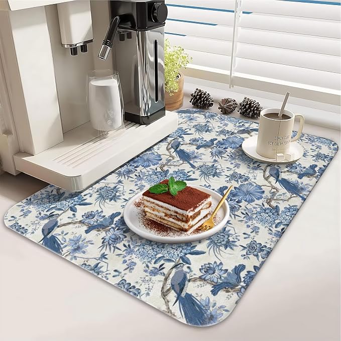 Dish Drying Mat 2-Pack, Chinoiserie For Kitchen Counter Absorbent Dishes | Diatom Mud Mats (18x24, 19.5x12"). Non-slip rubber back for kitchen counter, coffee bar & sink scenes