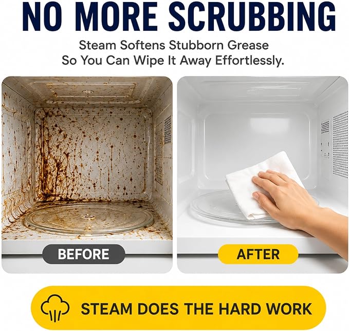 Microwave Steam Cleaner Tool, Fill with Vinegar & Water, Optional Lemon Drops, Heat 5-7 Minutes to Soften Grease & Residue, Non-Toxic Reusable Kitchen Cleaner for Microwaves (White)