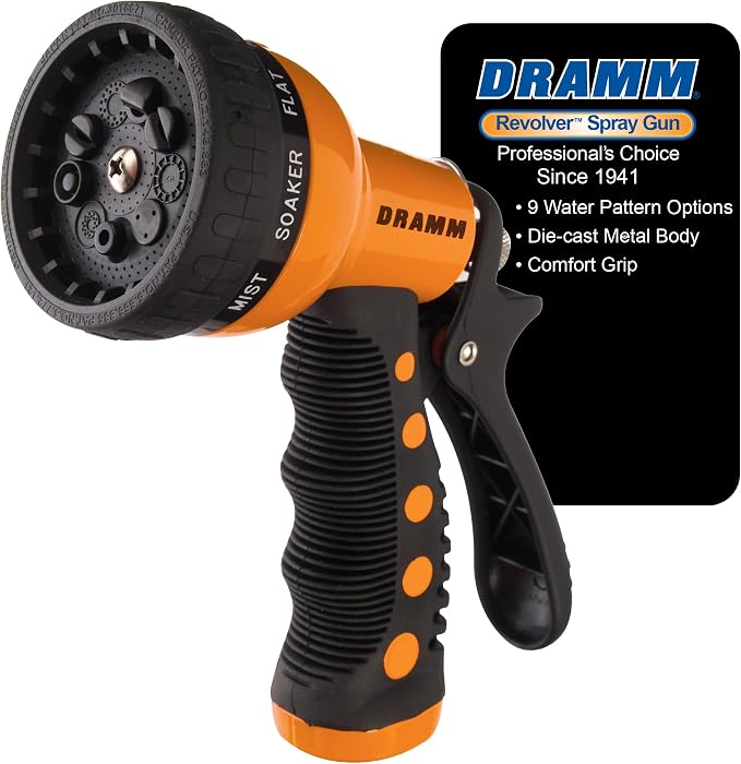 Dramm Revolver Heavy Duty Metal Garden Hose Nozzle – 9 Spray Patterns, High Pressure Jet, Thumb-Control Flow, Ergonomic Grip – Orange