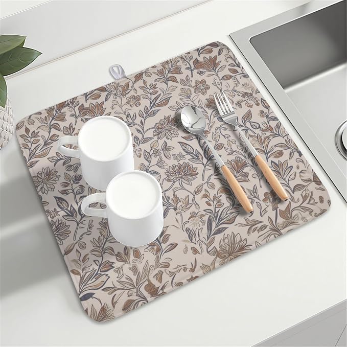 Vintage Floral Dish Drying Mat for Kitchen Counter Brown Antique Flower Microfiber Dish Drainer Mat Rustic Neutral Absorbent Washable Drying Pad 16"x18"