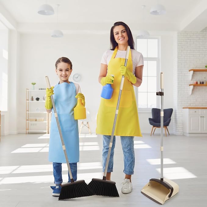 Broom and Dustpan Combo Set,55" Long Handle,Beige | Heavy Dust,Dustpans with Broom Combo,House Accessories for Home, Kitchen,Office,Classroom,Apartment,Pet Hair