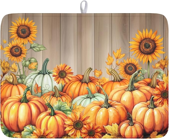 Fall Orang Pumpkin Dish Drying Mat for Kitchen Counter 18 x 24 Inch Autumn Sunflower Dish Drainer Mat Absorbent Microfiber Thanksgiving Wooden Dish Rack Pad for Coffee Dining Bar Decor