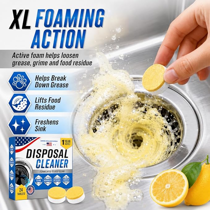 Garbage Disposal Cleaner Deodorizer Tablets, XL Citrus Foaming Tablet for Kitchen Sink Residues Freshener, Drain Cleaner & Odor Eliminator, Septic Safe Kitchen Disposal Care, 24 Pack for 1 Year Supply
