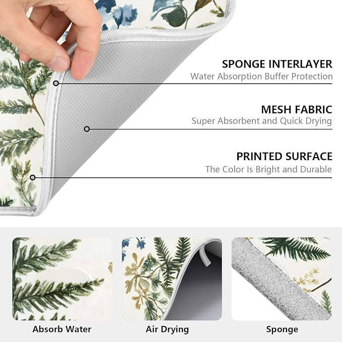 Vintage Herbs Fern Leaves Floral Plant02 Dish Drying Mat for Kitchen Counter Absorbent Microfiber Large Drying Pad Dish Mats for Kitchen Countertops 18 x 24 Inch