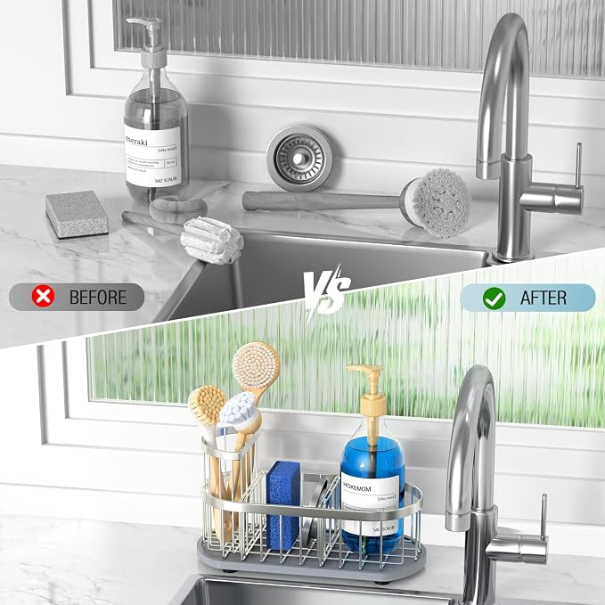 Sponge Holder for Kitchen Sink with High Brush Holder, [Stay-Dry Anywhere & No Drainage Needed] Rustproof Stainless Steel Kitchen Sink Caddy Organizer with Water Absorbing Stone Tray, Silver