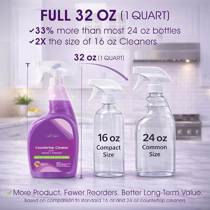 2-in-1 Countertop Cleaner + Protectant. Neutral pH Formula for Marble, Granite, Quartz & Engineered Stone. Safe Around Stainless Steel & All Water-Safe Surfaces.