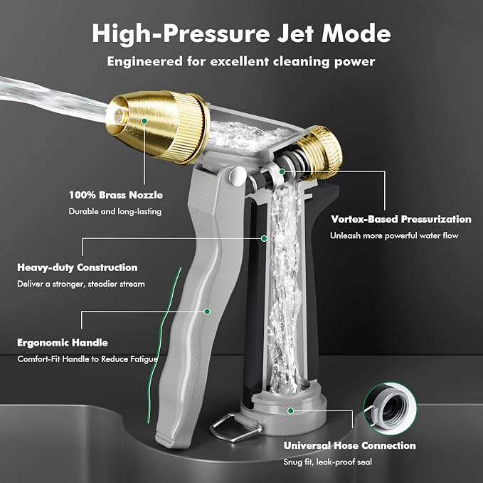 RESTMO Metal Water Hose Nozzle, High Pressure Garden Sprayer, Black | Adjustable Brass Head for 4 Spray Patterns, Heavy Duty Garden Water Sprayer for Outdoor Lawn & Plant & Car