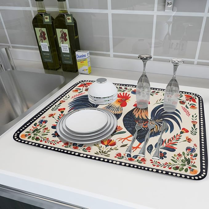Rooster Poultry Dish Drying Mat for Kitchen Counter 18x24 Inch Microfiber Absorbent Colorful Printing Drying Pad