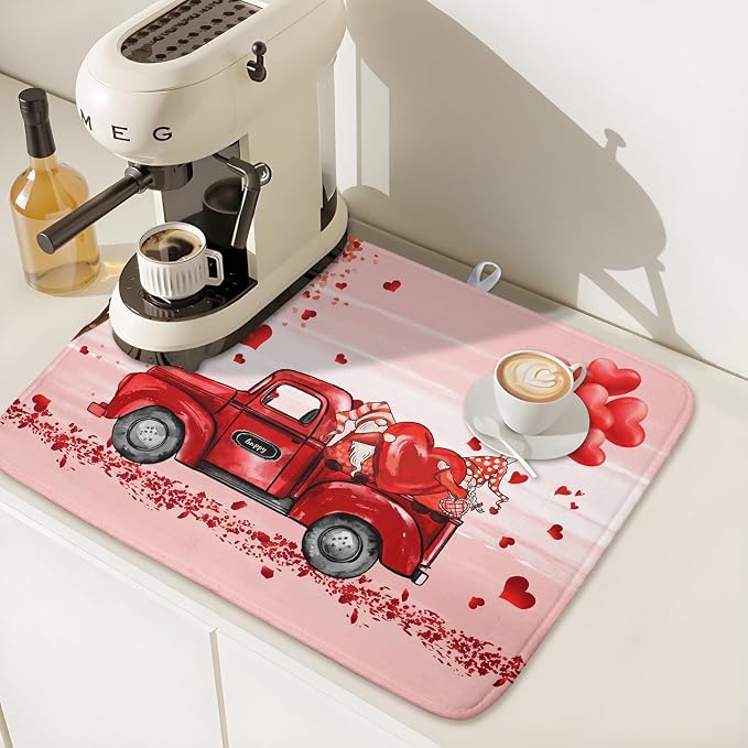 Valentine's Love Truck Dish Drying Mat, Valentine Red Gnomes Dish Drying Mat for Kitchen Counter, Valentine's Day Absorbent Fast Dry Dish Drainer Mat Protector Microfiber Dish Drying Pad 16"x18"