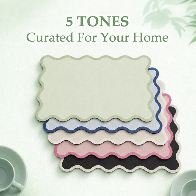 Scalloped Dish Drying Mat for Kitchen Counter, Absorbent Easy Clean Non-slip Coffee Bar Station Accessories, Trendy Cute Aesthetic Modern Drainer Kitchen Drying Mat, Sage Green 12" x 19"