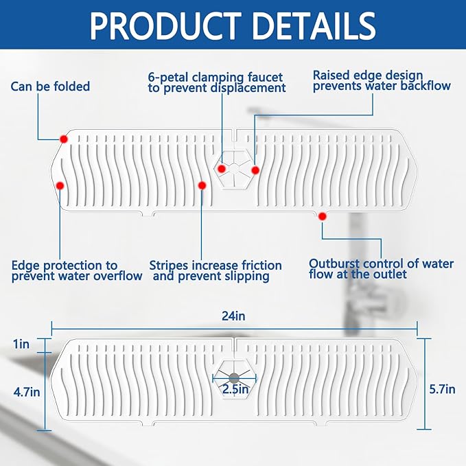 EBIGIC Kitchen Sink Splash Guard-24 x 5.8'' Ultrathin Silicone Sink Mat Splash Guard fit for Countertop, Bathroom,Farmhouse,RV (White)